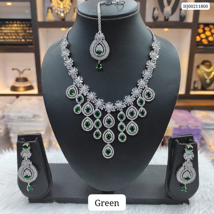 Carryallco Triple Layer Hanging Emerald American Diamond Necklace Set