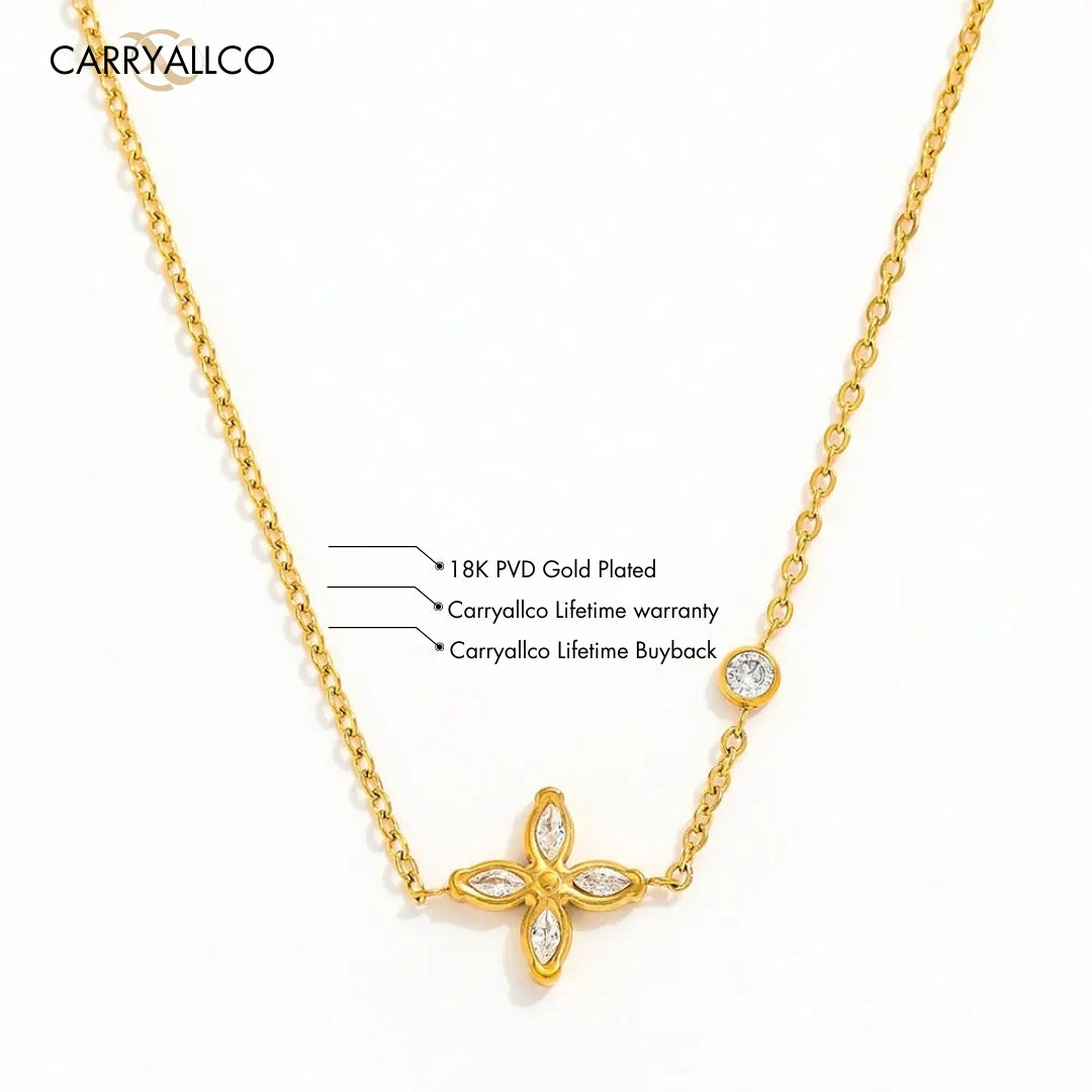 18K Gold Plated Flower Clover Zirconia Pendant Necklace