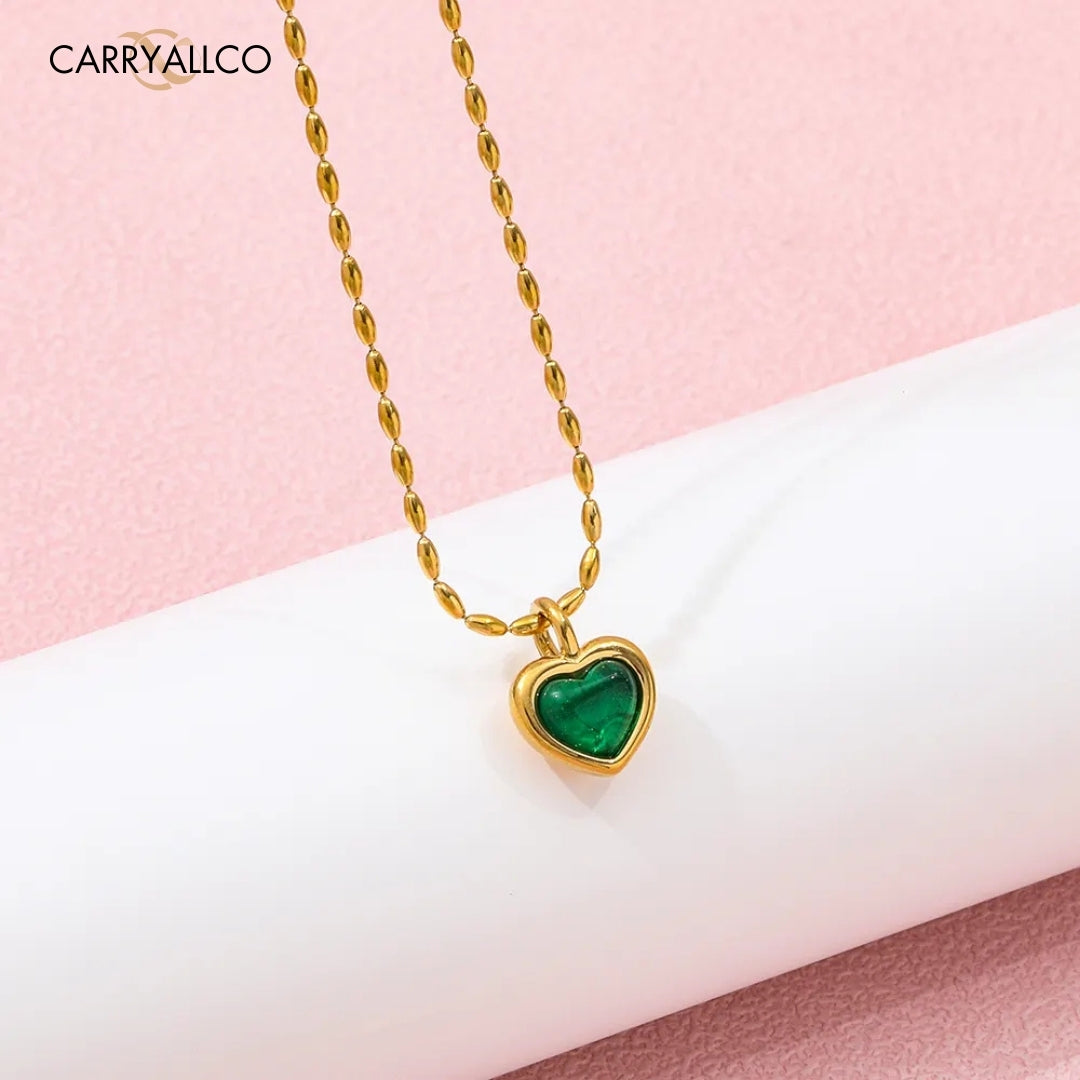 18K Gold Plated Green Agate Heart Pendant Necklace