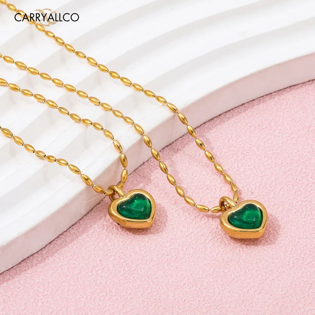 18K Gold Plated Green Agate Heart Pendant Necklace