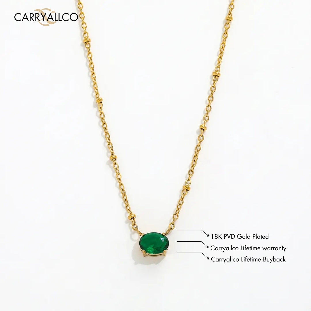 18K Gold Plated Oval Green Brilliant Cut Stone Beaded Necklace