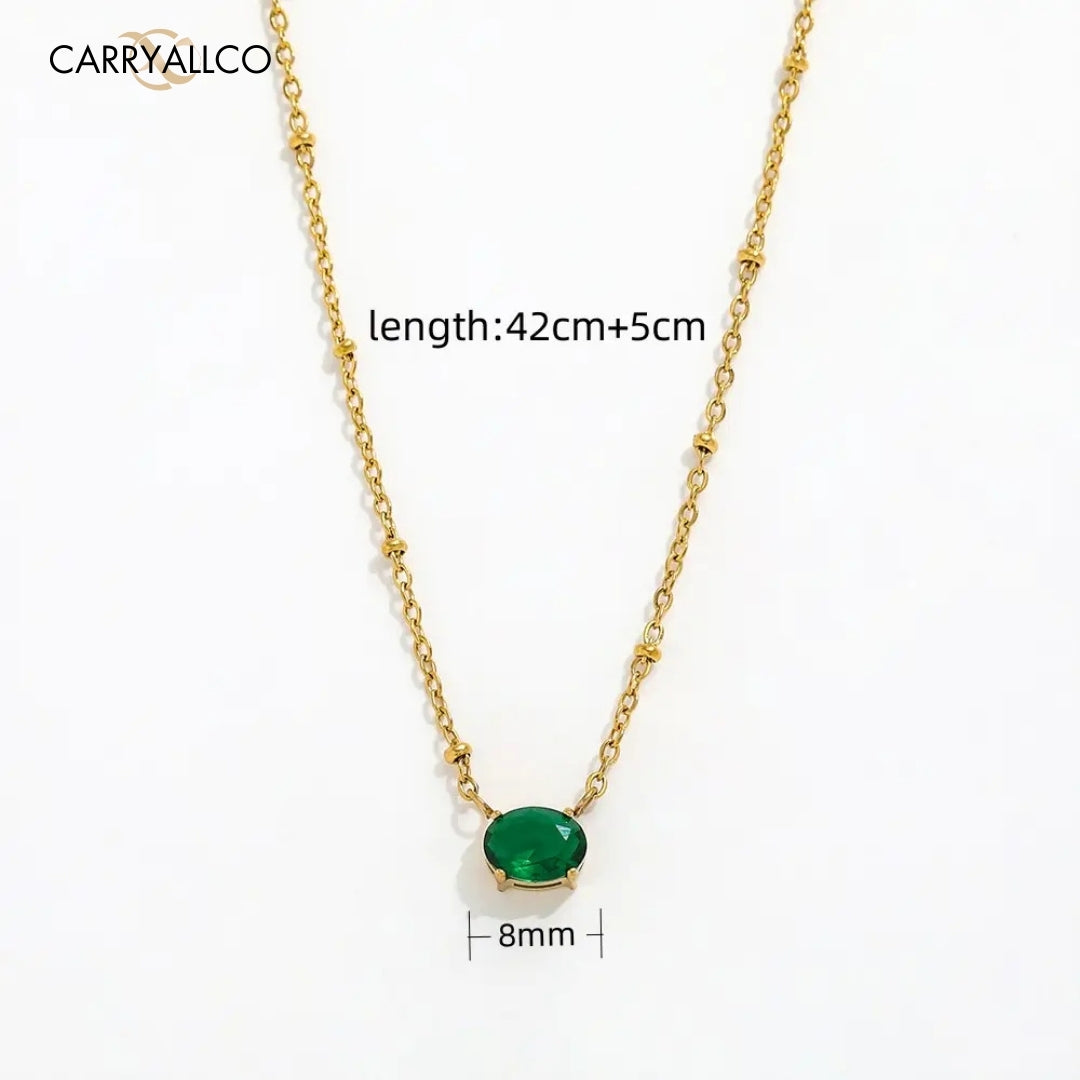 18K Gold Plated Oval Green Brilliant Cut Stone Beaded Necklace