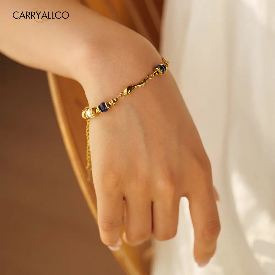 18K Gold Plated Pearl & Lapis Lazuli Water Drop Bracelet