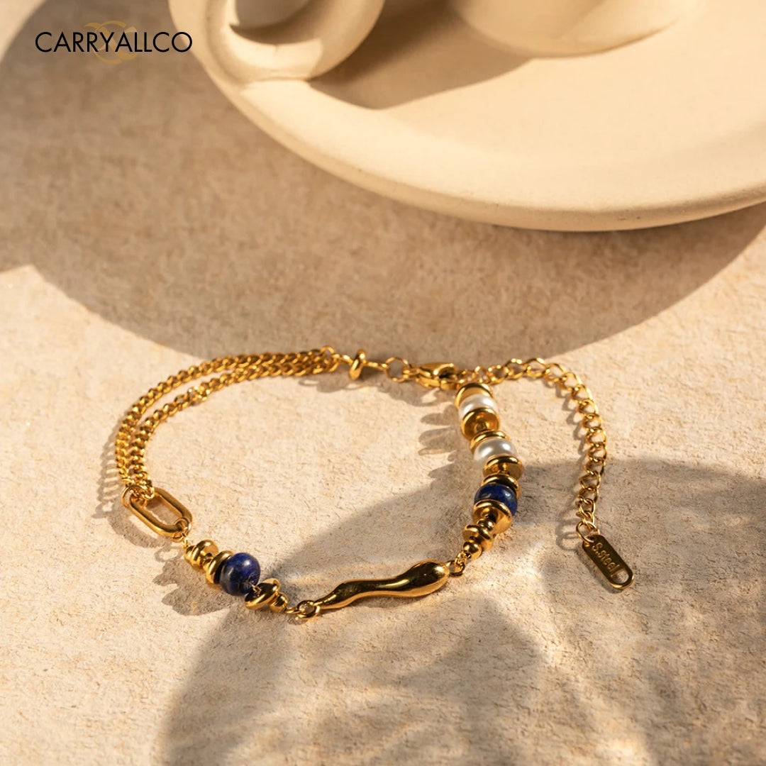 18K Gold Plated Pearl & Lapis Lazuli Water Drop Bracelet