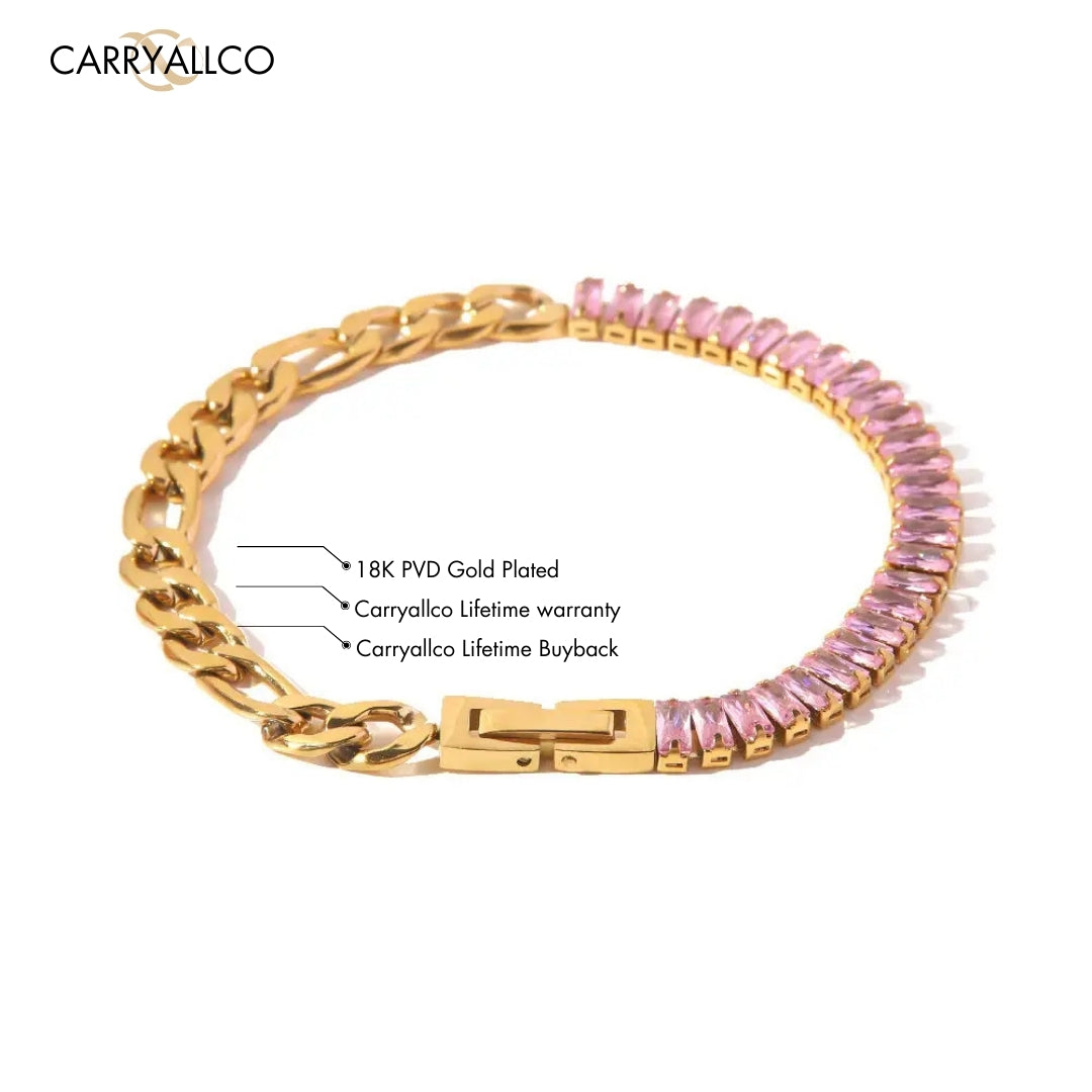 18K Gold Plated Pink Zircon Figaro Chain Bracelet