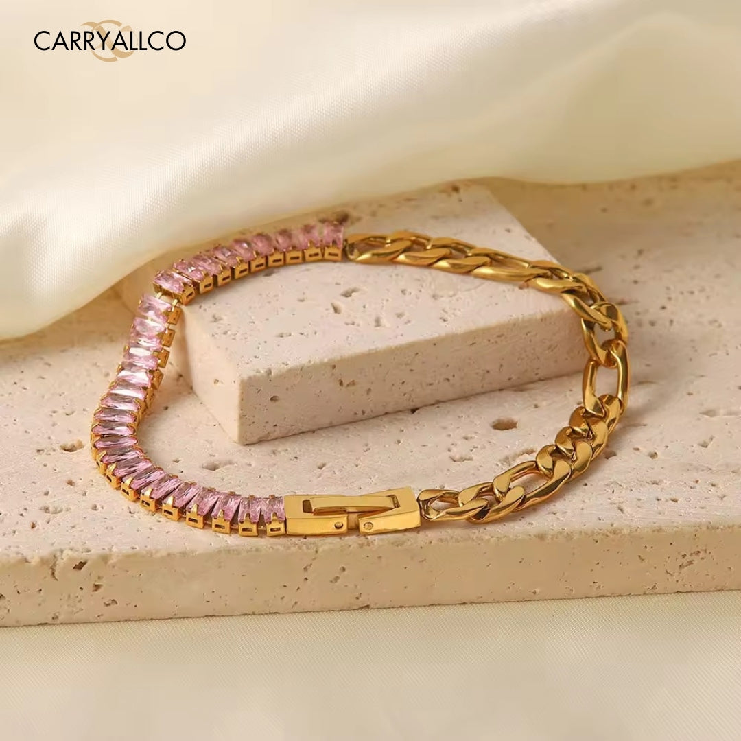 18K Gold Plated Pink Zircon Figaro Chain Bracelet