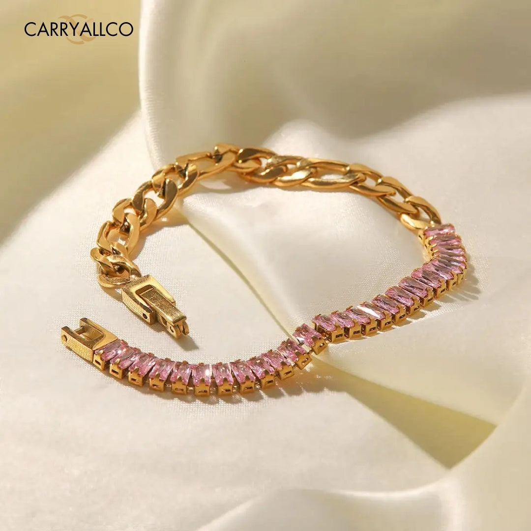 18K Gold Plated Pink Zircon Figaro Chain Bracelet