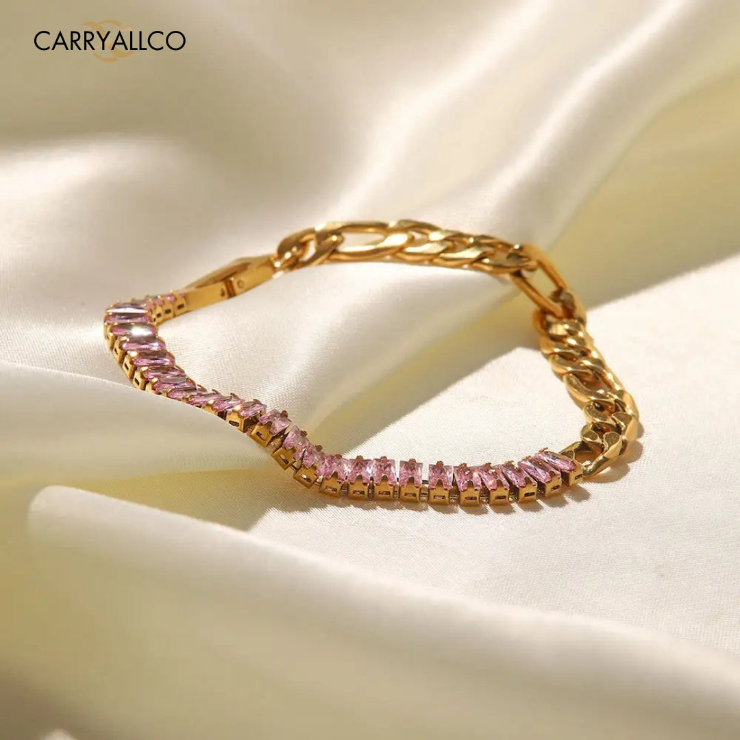 18K Gold Plated Pink Zircon Figaro Chain Bracelet