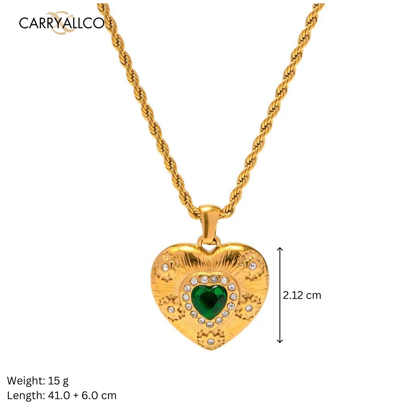 Carryallco 18K Gold Plated Emerald Brilliant Cut Stone Heart Pendant Necklace – Demi-Fine