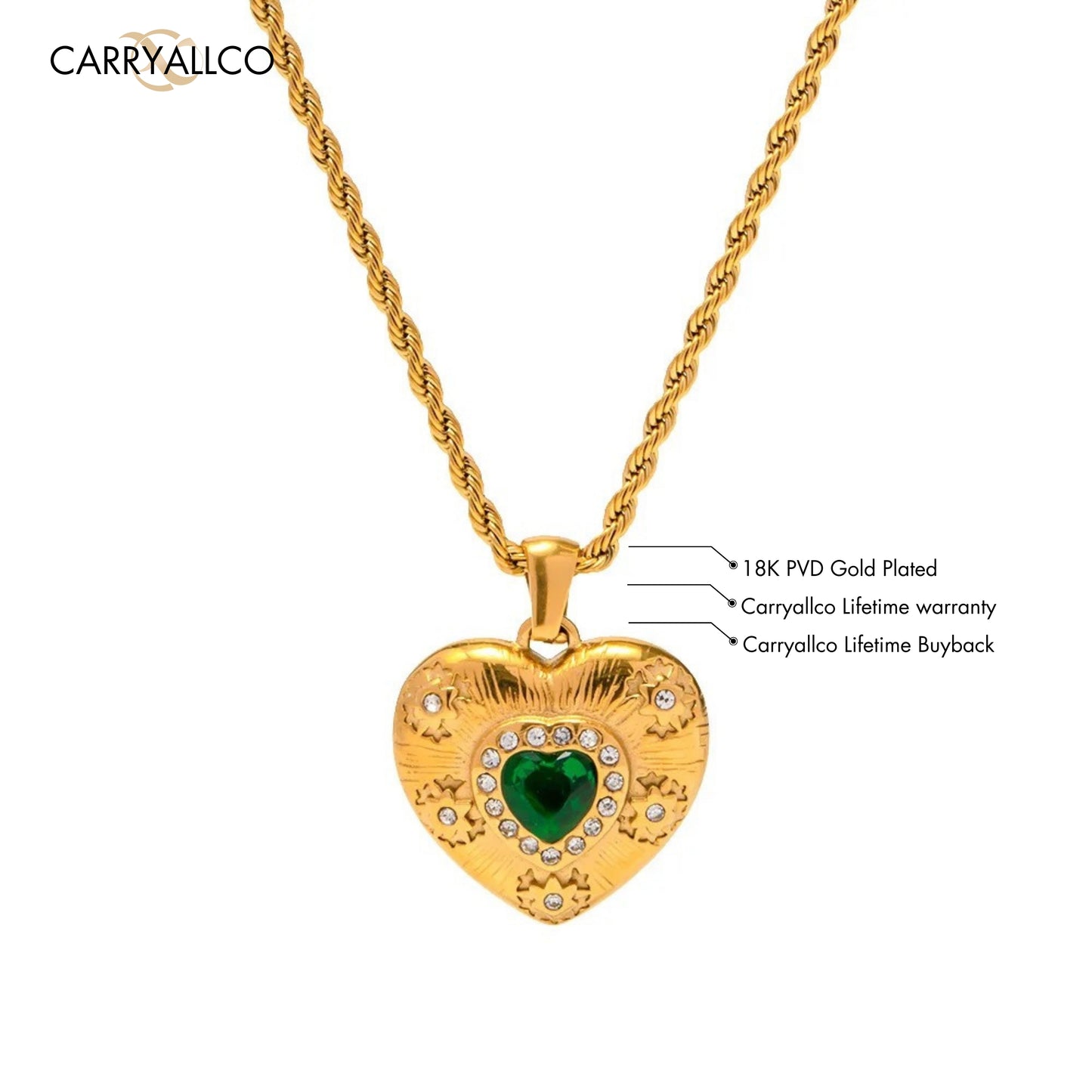 Carryallco 18K Gold Plated Emerald Brilliant Cut Stone Heart Pendant Necklace – Demi-Fine