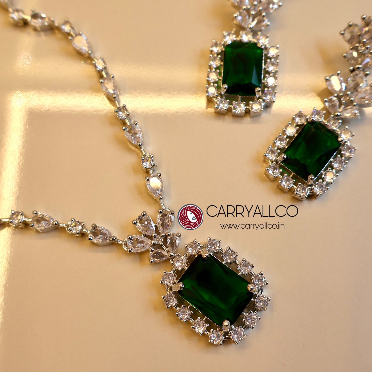 Carryallco Emerald Elegance Leaf Accent American Diamond Necklace Set