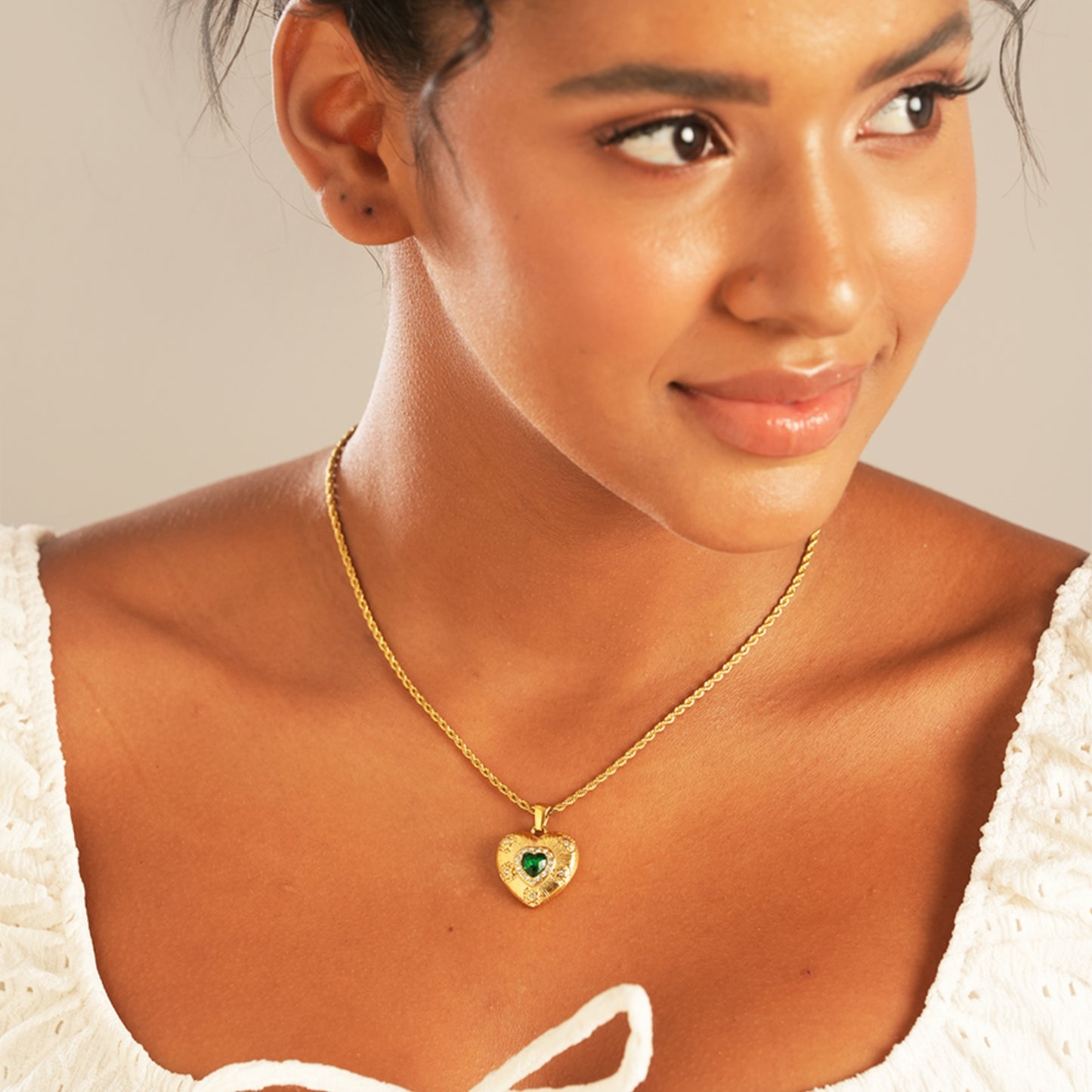 Carryallco 18K Gold Plated Emerald Brilliant Cut Stone Heart Pendant Necklace – Demi-Fine