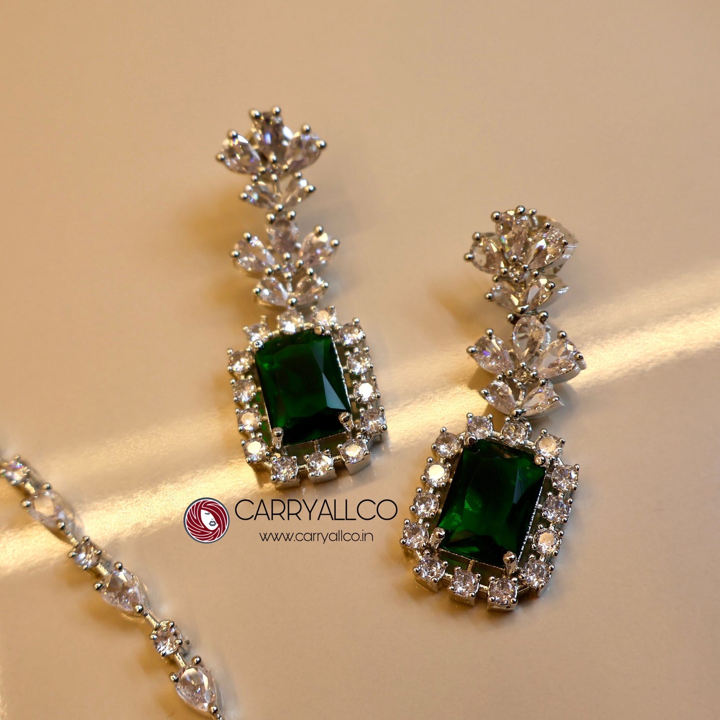 Carryallco Emerald Elegance Leaf Accent American Diamond Necklace Set