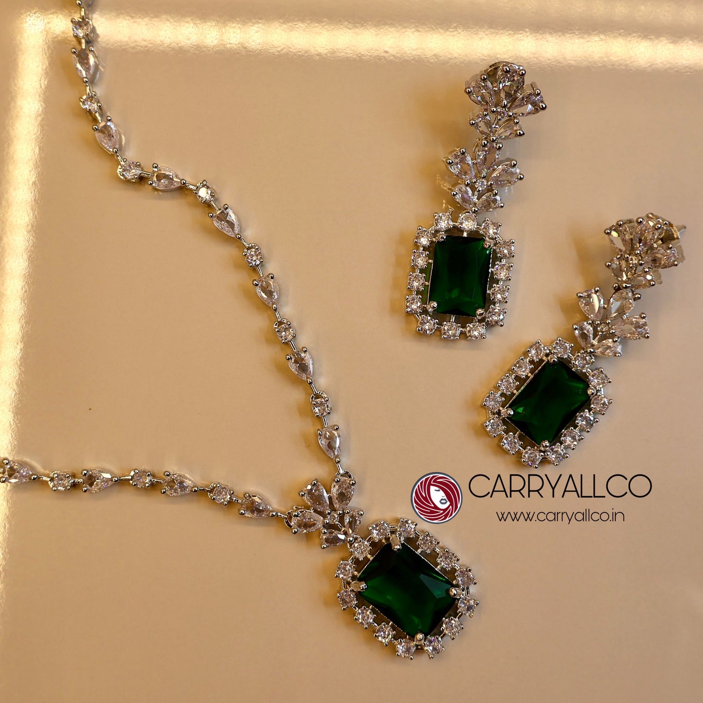 Carryallco Emerald Elegance Leaf Accent American Diamond Necklace Set