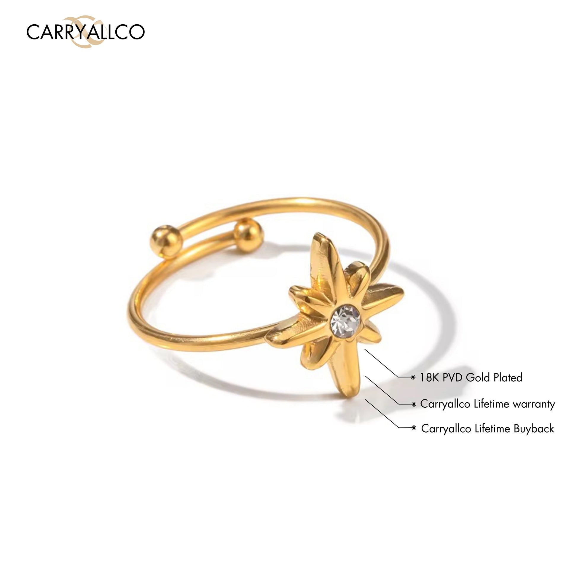 Carryallco 18K Gold Plated Demi-fine Octagram Zircon Ring