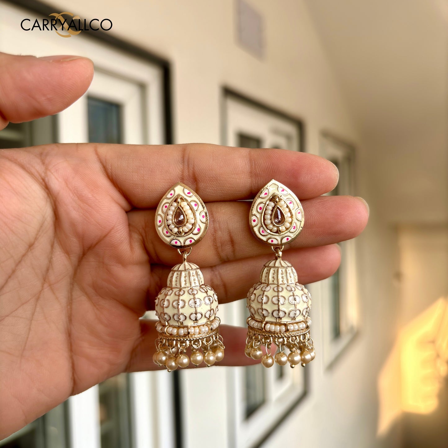 Carryallco Chikoo Charm Meenakari Gold Plated Jhumka Earrings