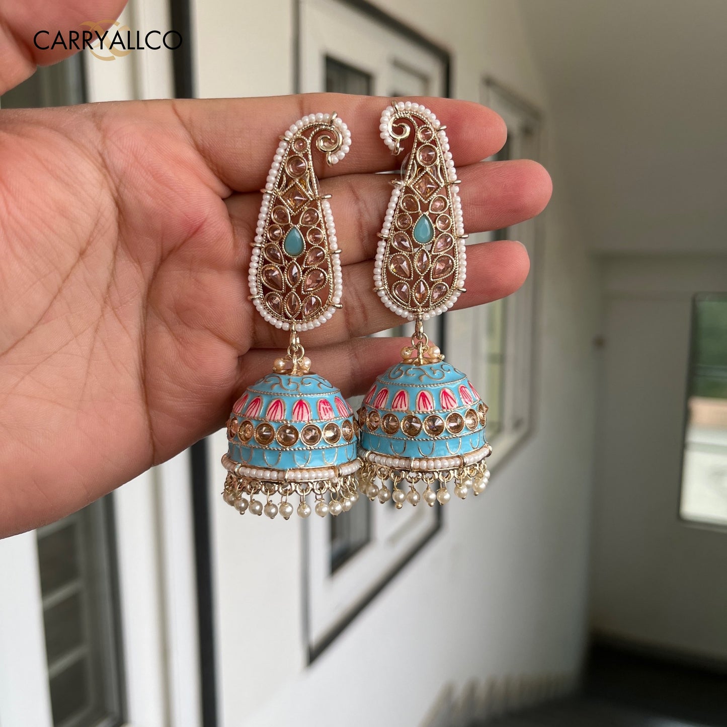 Carryallco Reverse AD Studed Aqua Blue Latkan Meenakari Jhumka