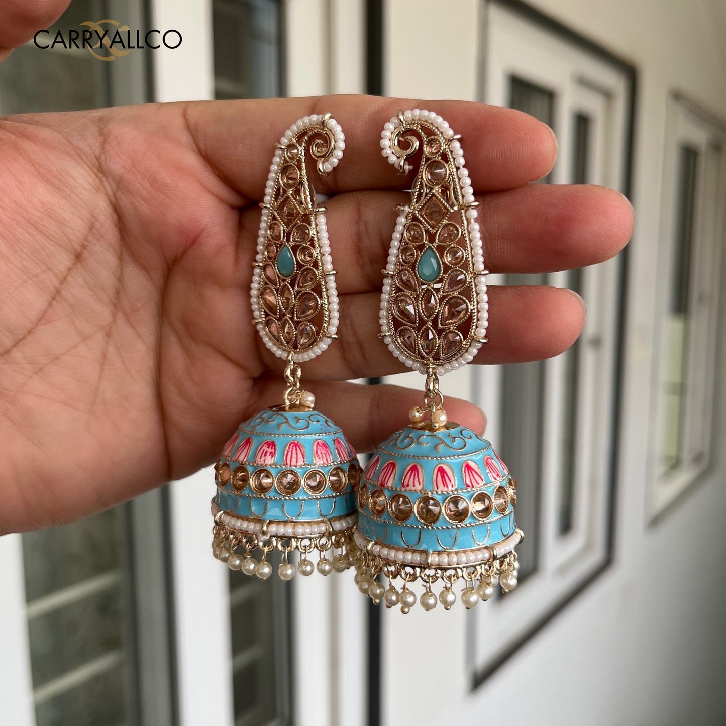 Carryallco Reverse AD Studed Aqua Blue Latkan Meenakari Jhumka