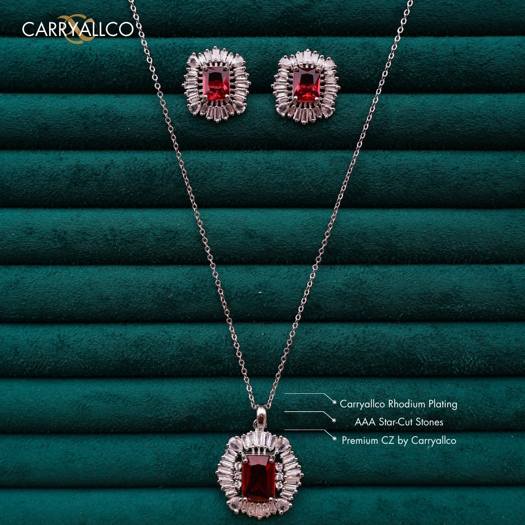 Carryallco Ruby Square Charm Diamond Pendant Set