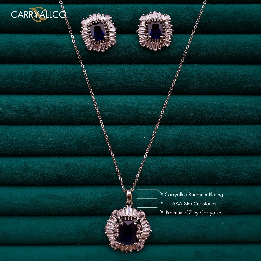 Carryallco Sapphire Square Charm Diamond Pendant Set