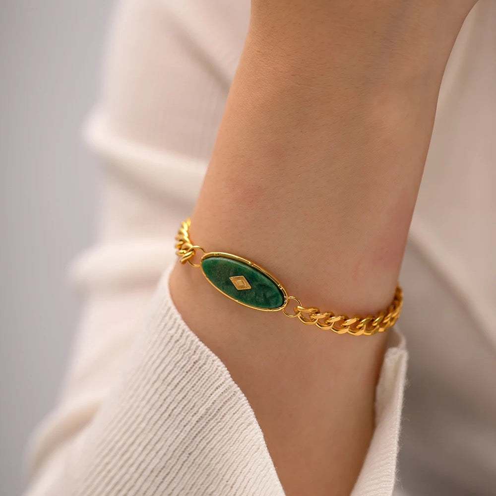 Carryallco 18K Gold Plated Demi-fine Cuban Chain African Green Stone Bracelet