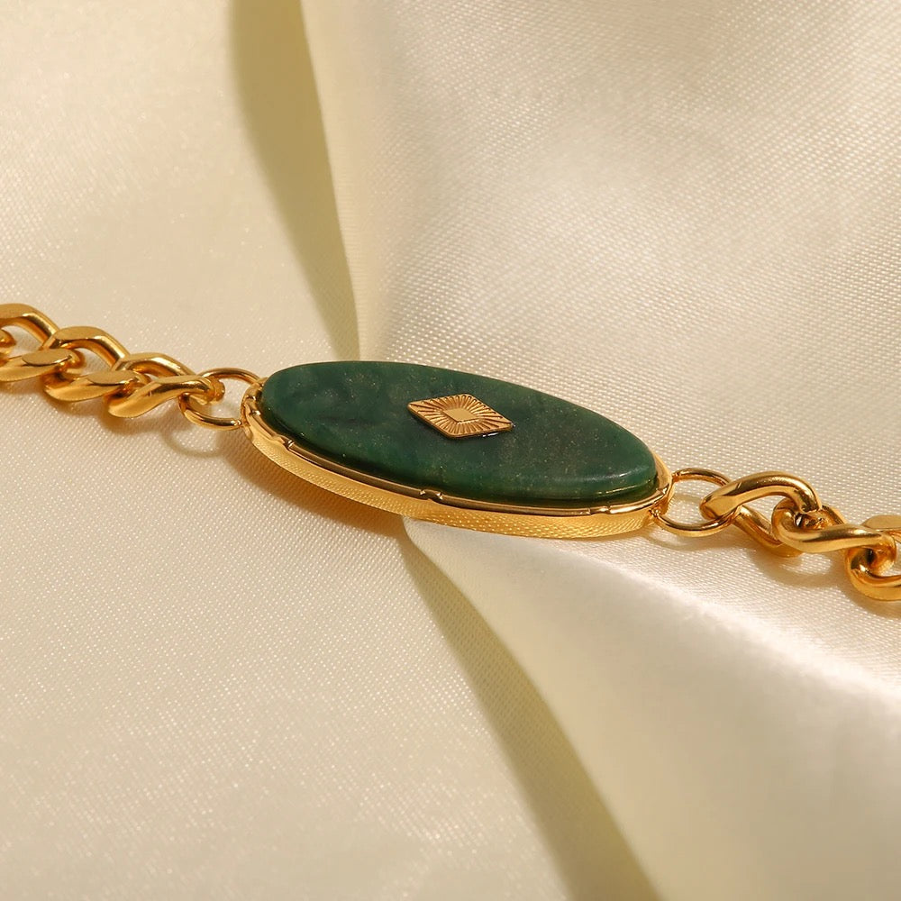 Carryallco 18K Gold Plated Demi-fine Cuban Chain African Green Stone Bracelet