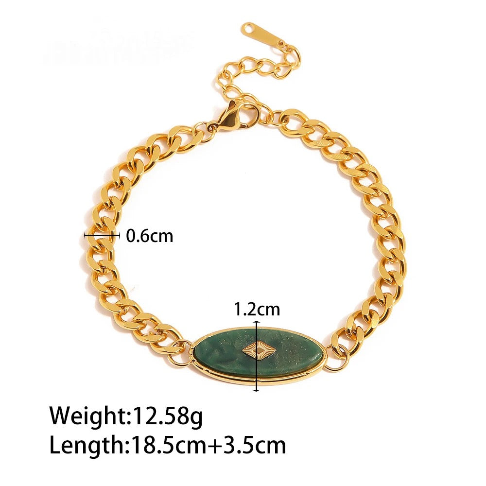 Carryallco 18K Gold Plated Demi-fine Cuban Chain African Green Stone Bracelet