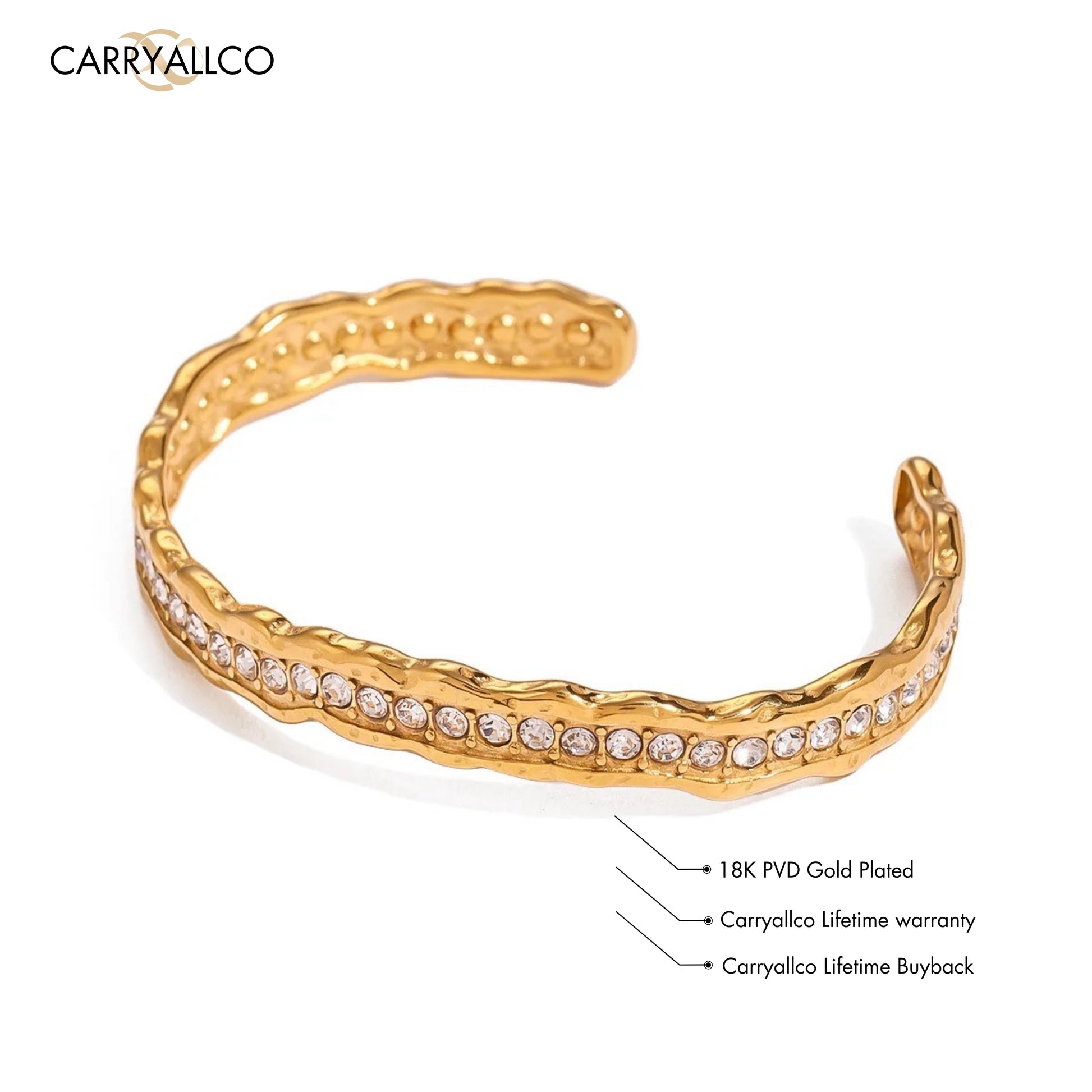 European-style hammered bracelet featuring brilliant-cut stones in a refined gold-plated finish.