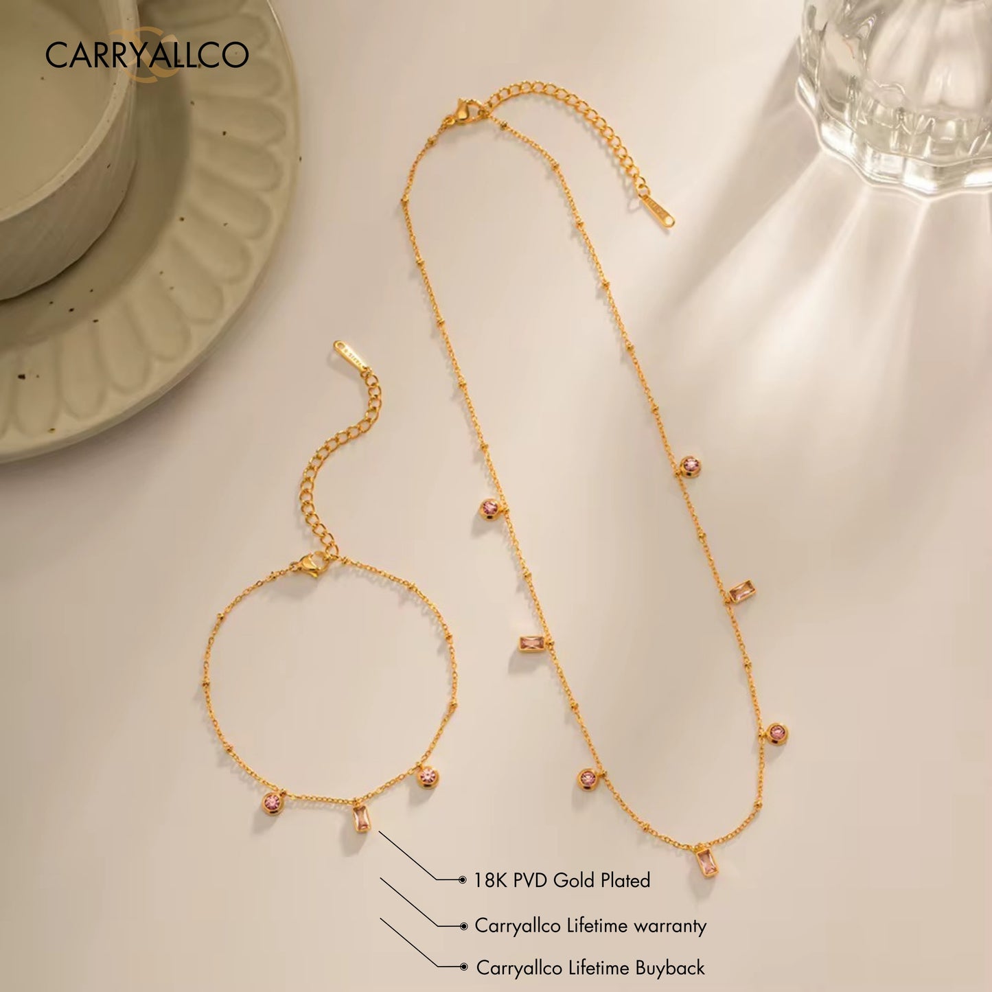 Carryallco 18K Gold Plated Demi-fine Pink Stone Bracelet & Dainty Necklace Set