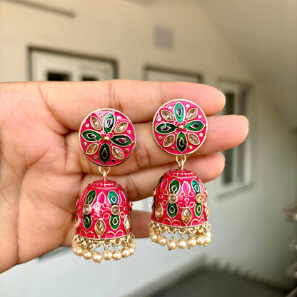 Carryallco Reverese AD Studded Rani Pink Meenakari Jhumka Earrings