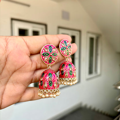 Carryallco Reverese AD Studded Rani Pink Meenakari Jhumka Earrings