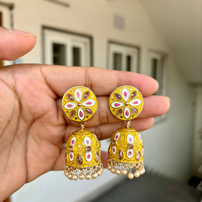 Carryallco Reverese AD Studded Gold Plated Yellow Meenakari Jhumka Earrings