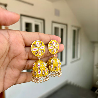 Carryallco Reverese AD Studded Gold Plated Yellow Meenakari Jhumka Earrings