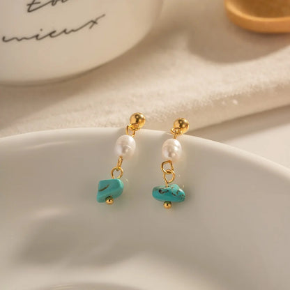 Carryallco Natural Stone Turquoise Freshwater Pearl Drop Earring