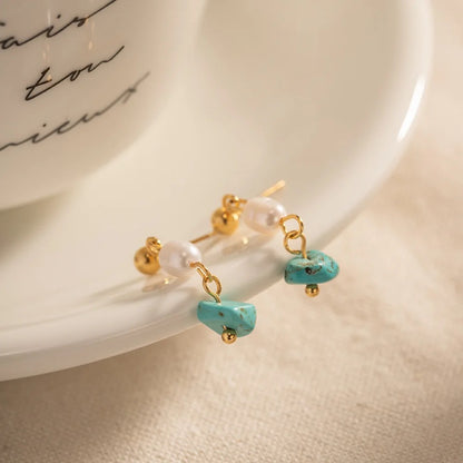 Carryallco Natural Stone Turquoise Freshwater Pearl Drop Earring