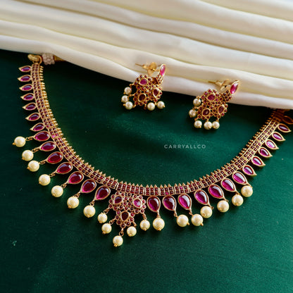 Carryallco Gold Plated Rubi Kempu stone Necklace Set