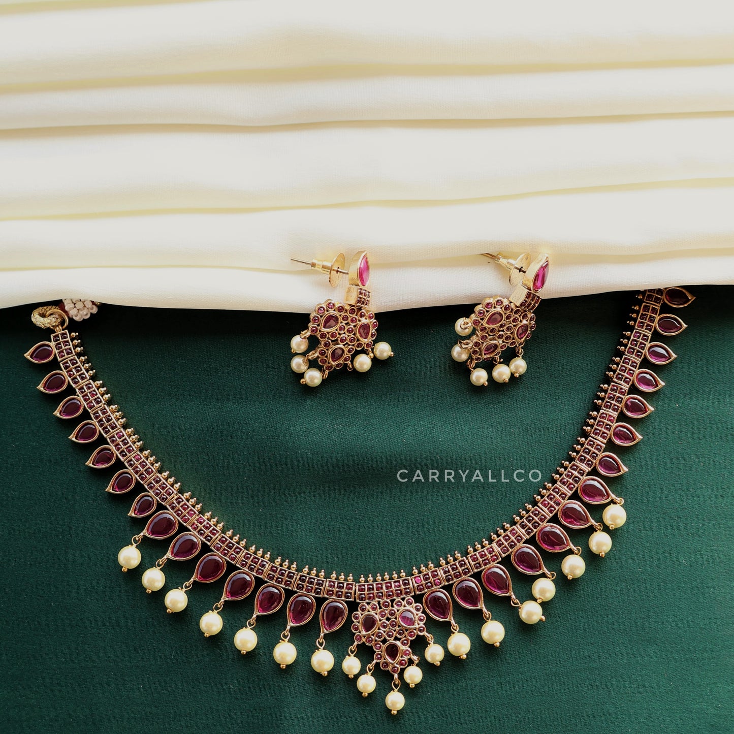 Carryallco Gold Plated Rubi Kempu stone Necklace Set