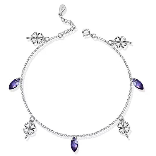 Carryallco 925 Silver Clover Anklet with Purple Crystal Charm