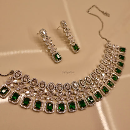 Carryallco Triple Layer Emerald American Diamond Necklace Set