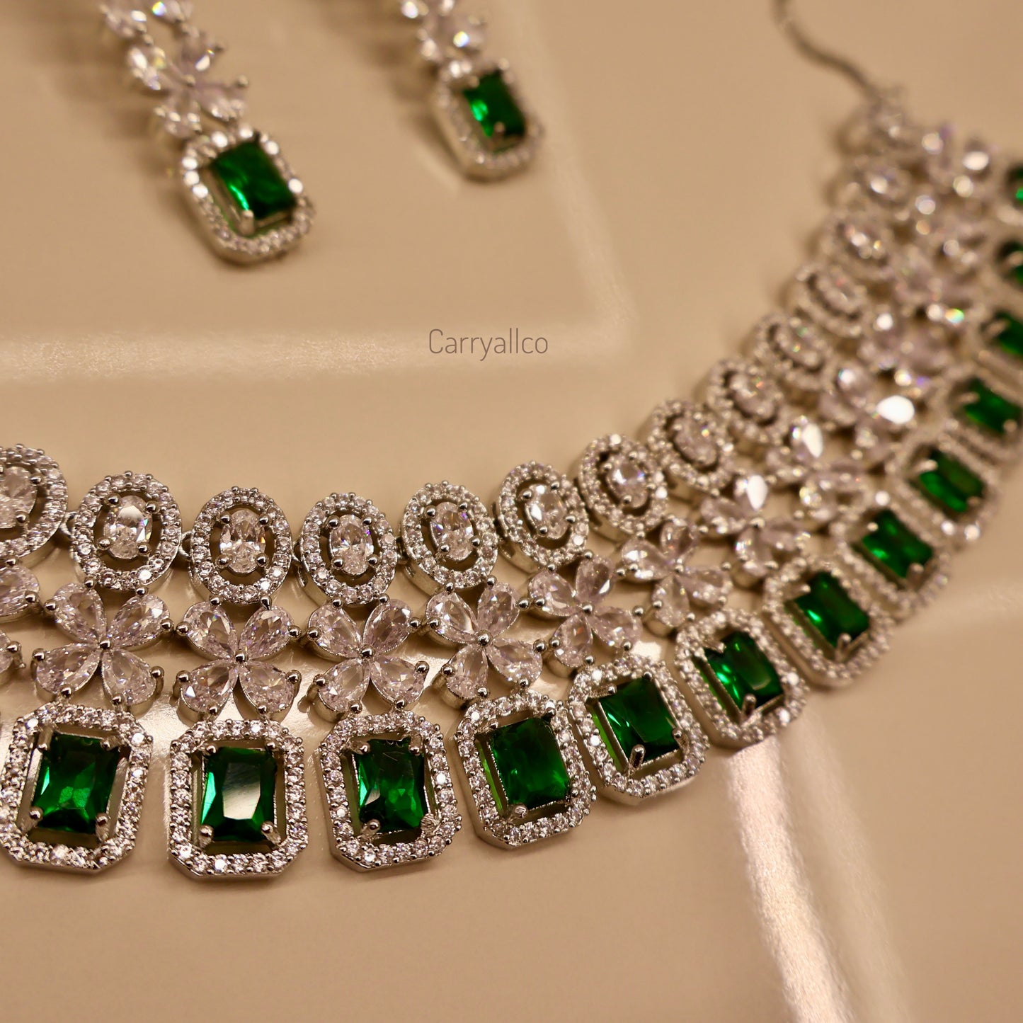 Carryallco Triple Layer Emerald American Diamond Necklace Set