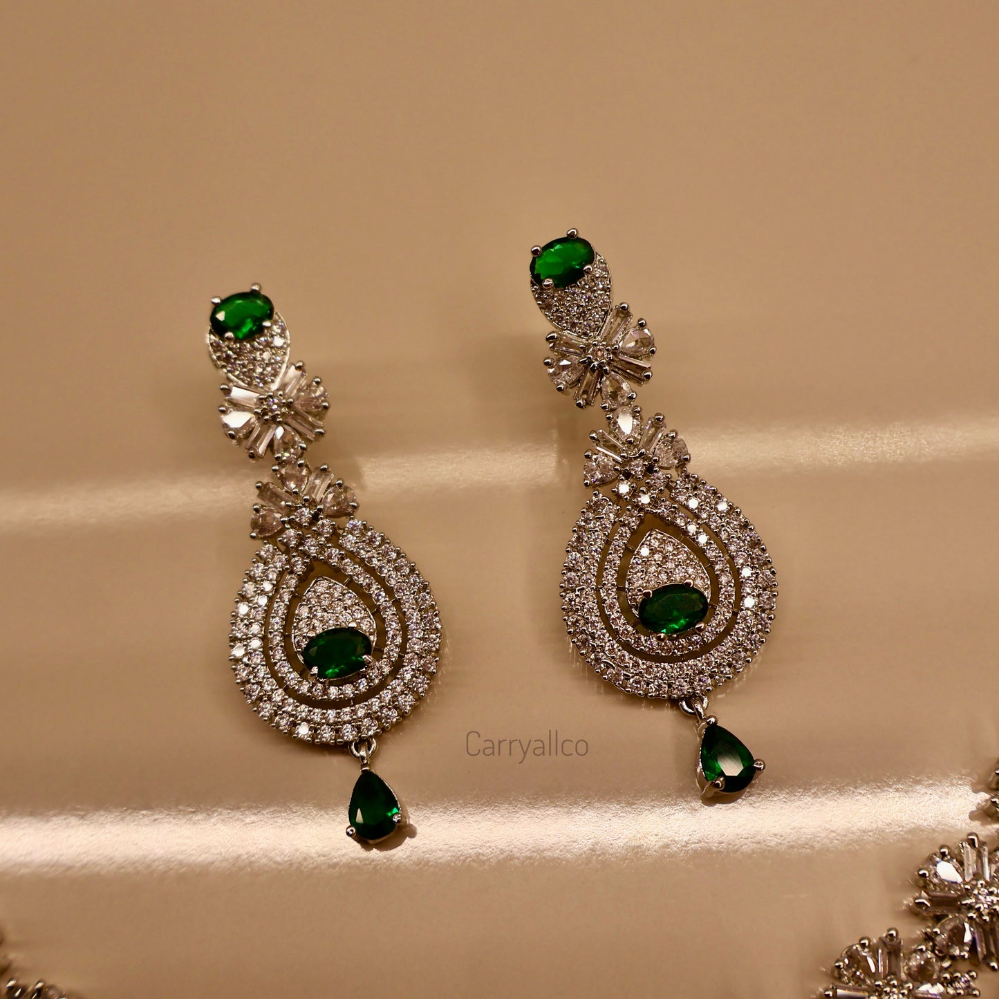 Carryallco Triple Layer Hanging Emerald American Diamond Necklace Set