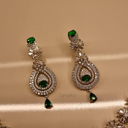 Carryallco Triple Layer Hanging Emerald American Diamond Necklace Set