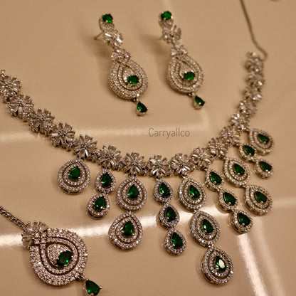 Carryallco Triple Layer Hanging Emerald American Diamond Necklace Set