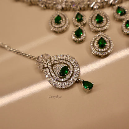 Carryallco Triple Layer Hanging Emerald American Diamond Necklace Set