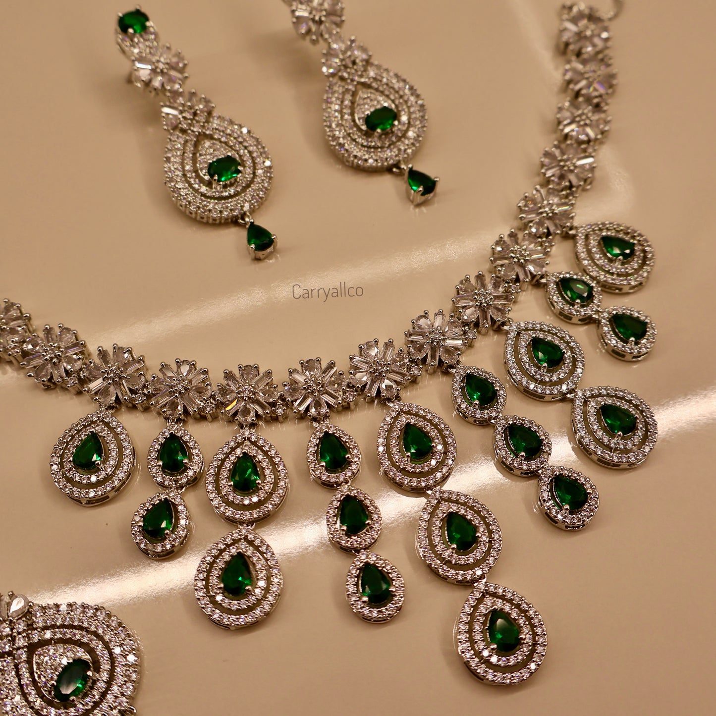 Carryallco Triple Layer Hanging Emerald American Diamond Necklace Set