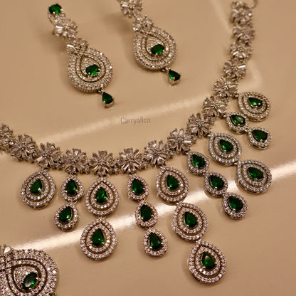 Carryallco Triple Layer Hanging Emerald American Diamond Necklace Set