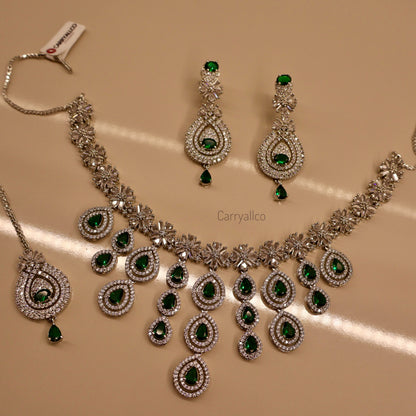 Carryallco Triple Layer Hanging Emerald American Diamond Necklace Set