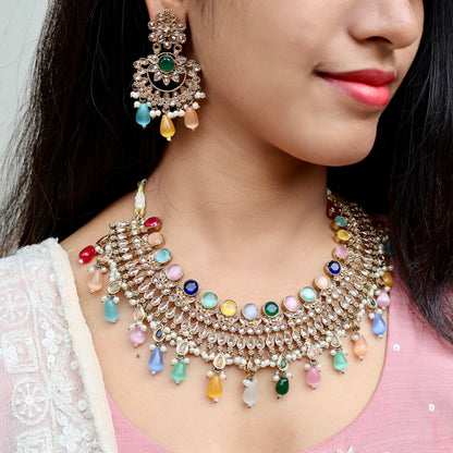 Carryallco Gold-Plated Reverse AD Multicolor Monalisa Stones Necklace Set