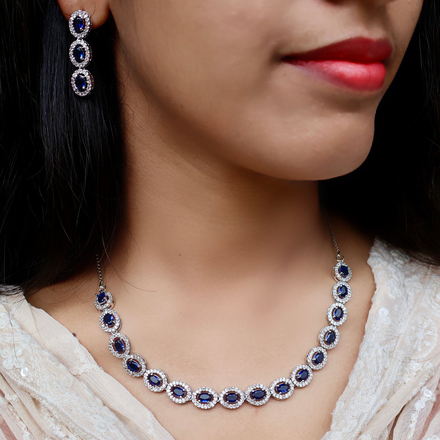 Carryallco Oceanic Opulence Blue American Diamond Necklace Set