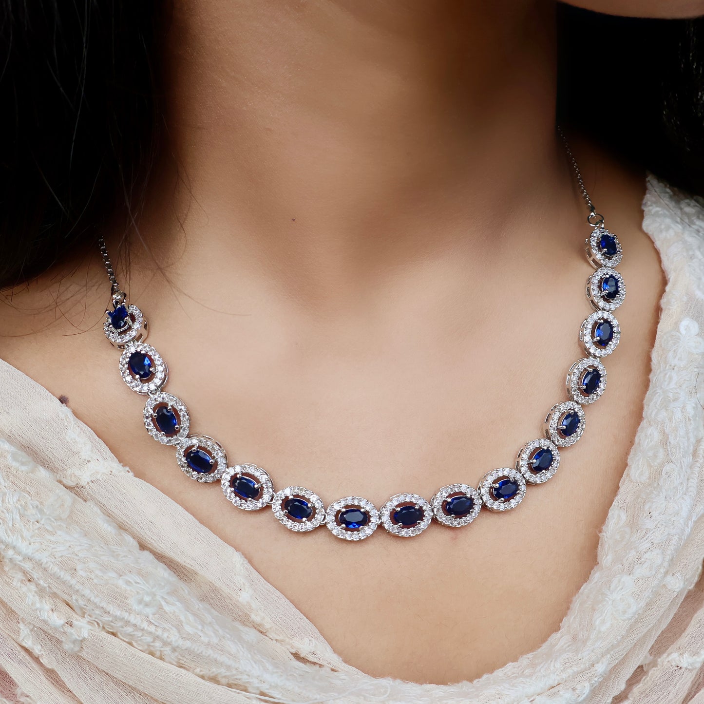 Carryallco Oceanic Opulence Blue American Diamond Necklace Set